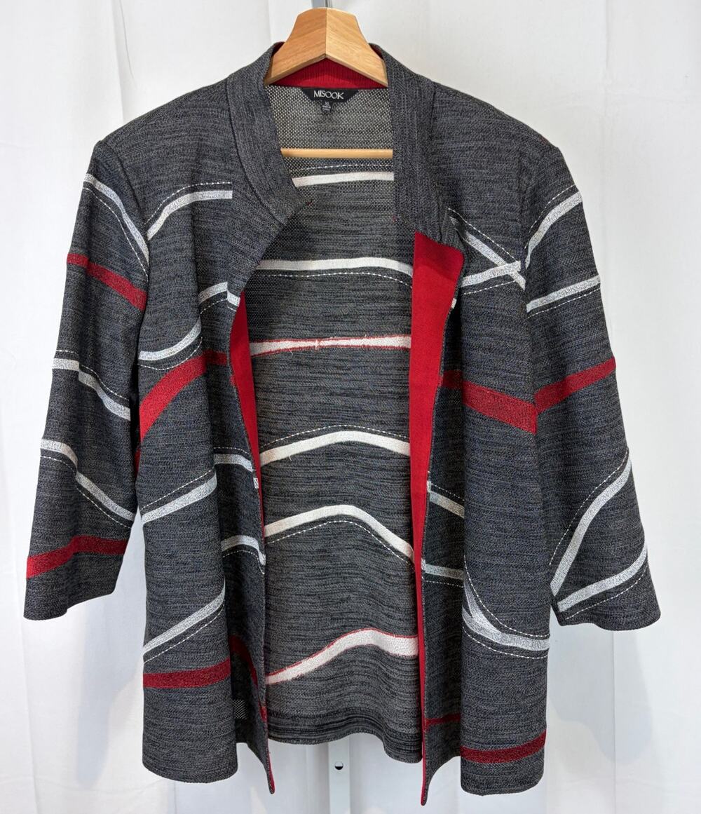 MISOOK Patterned Cardigan Knit Jacket 3/4 Sleeve Open Front Career Gray Red XL